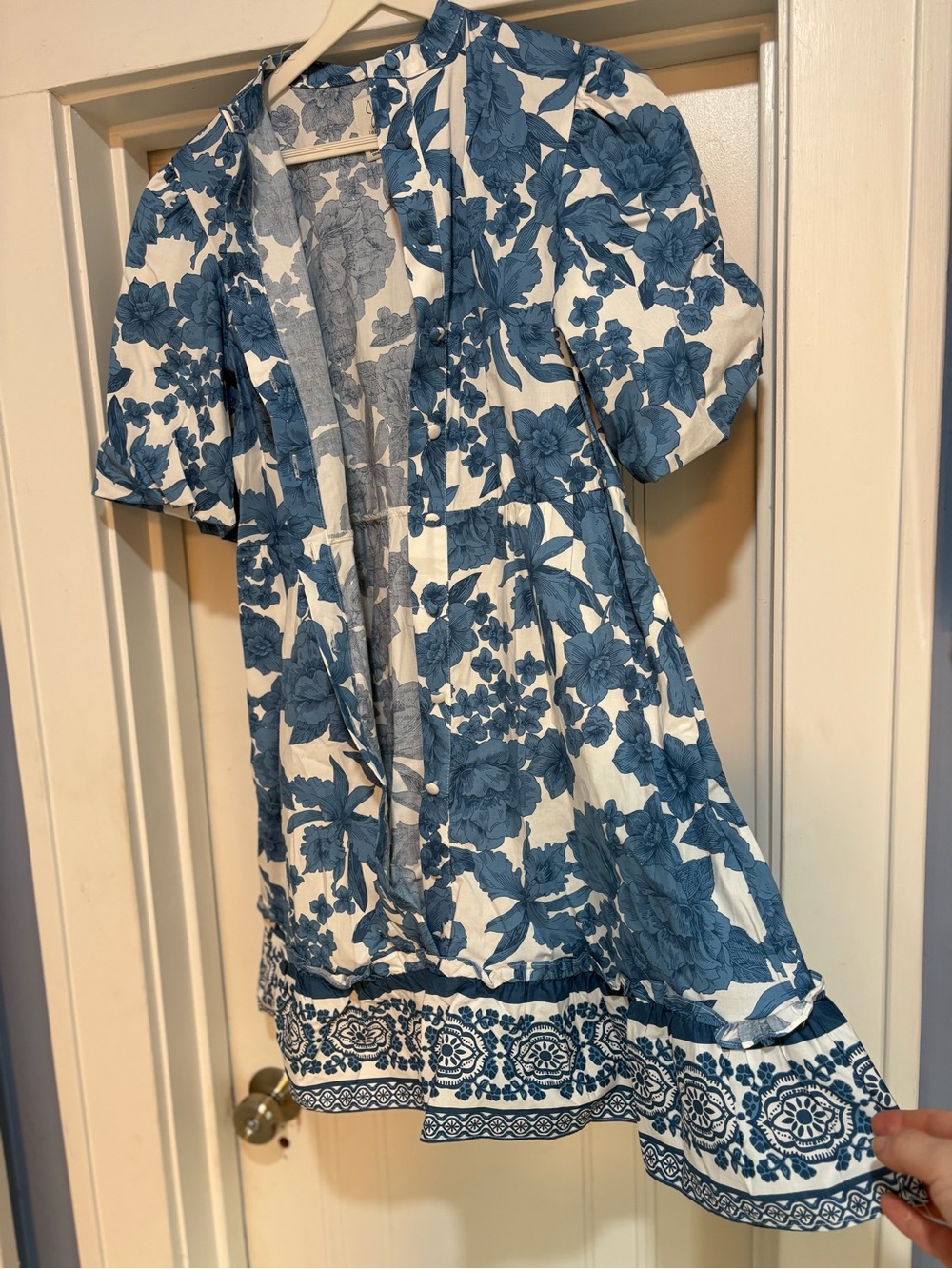 NWOT Joie Blue & White Floral Puff Sleeve Belted Cotton Mini Dress Size 4 - Picture 7 of 10